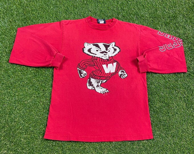 Vintage University of Wisconsin Badgers Long Sleeve Shirt Made USA Size Small S NCAA College Football Basketball Bucky Badger 1990s 90s
