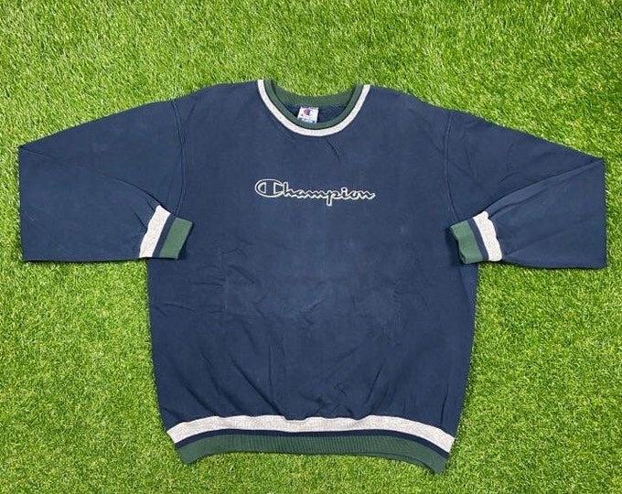 Vintage Navy Blue Champion Crewneck Sweatshirt Xtra Large XL Quality 1990's Oversized Great Fit Original 90s Pull Over Tri Color Collar