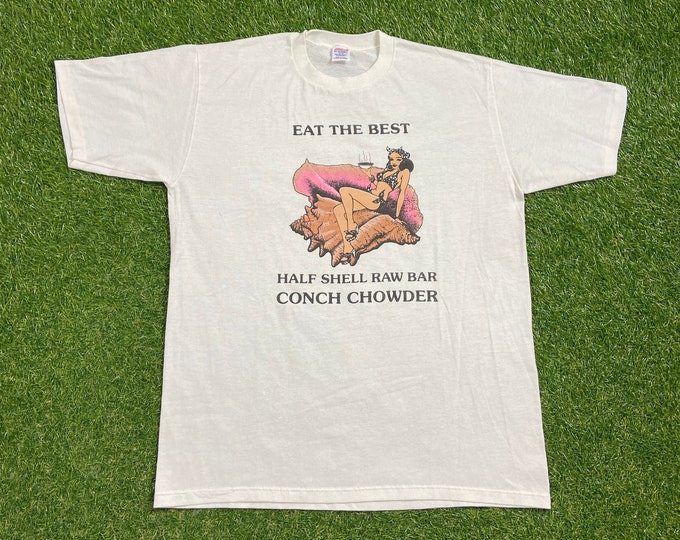 Vintage Half Shell Raw Bar Conch Chowder T Shirt Tee Made USA Size Xtra Large XL Sushi Bar Food Cuisine 1990s 90s