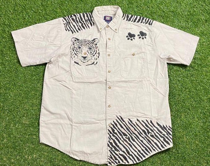 Vintage White Tiger Button Down Shirt Size Large L Felis Tigris Animals Jungle Safari Zoo Big Cats 1990s 90