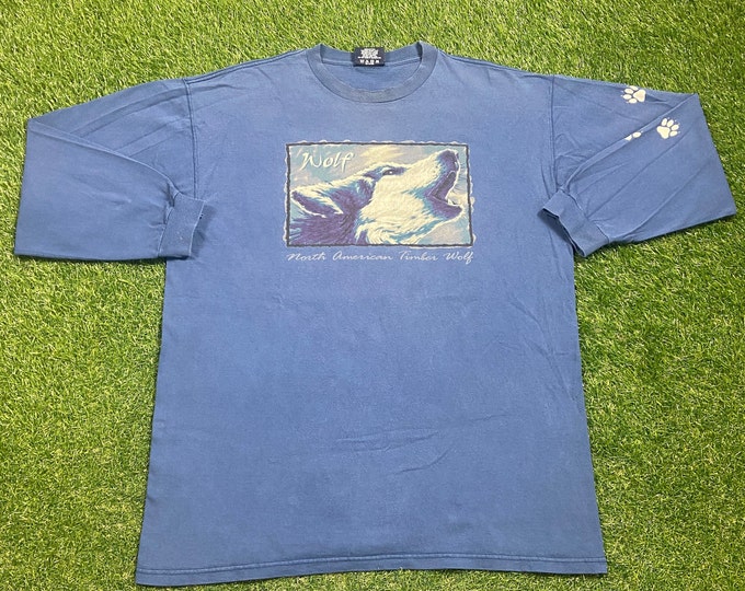 Vintage North American Timber Wolf Long Sleeve Shirt Made USA Size Xtra Large XL Wolf Pack Rare Animals Habitat All Over Print Art Cool 90s