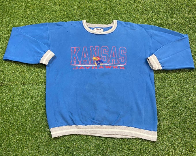Vintage University of Kansas Crewneck Sweatshirt Made USA Size XL NCAA College Basketball Classic Jayhawks 1990s 90s Pull Over Oversized