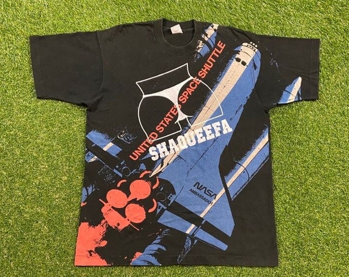 Vintage NASA T Shirt Tee Fruit of the Loom Made USA Size Large L Kennedy Space Center One Giant Leap for Mankind Florida Galaxy Moon Space