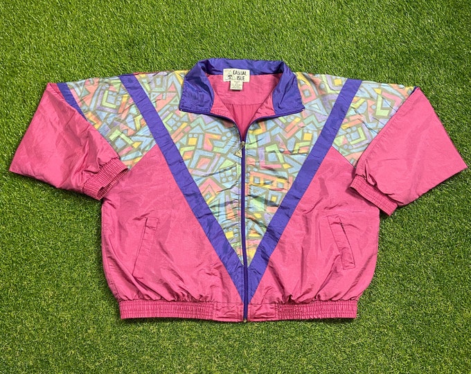 Vintage Graphic Windbreaker Zip Up Jacket Casual Isle Size XXL 2XL Multicolor Streetwear Sport Active Wear Classic Light Rain Coat 1990s 90s