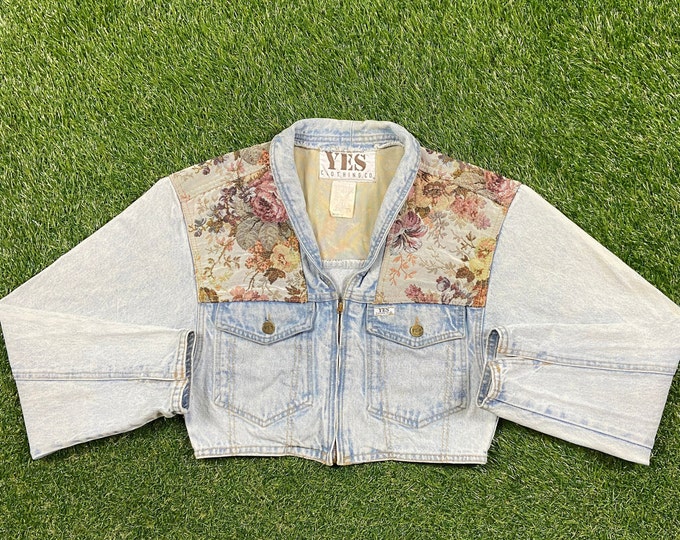 Vintage Yes Flower Crop Jean Jacket Size Medium M American USA Classic Blue Jean Jacket Button Down Original Denim Crop Floral 1990s 90s