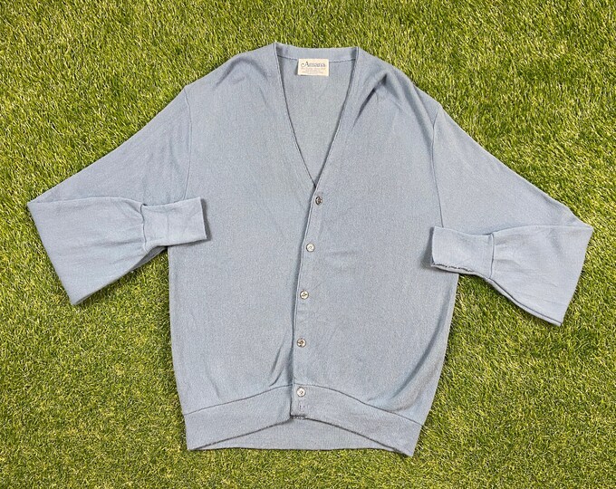 Vintage Amana Blue Cardigan Sweater Made USA Size Large L 1980 80s Comfy Button Down Warm