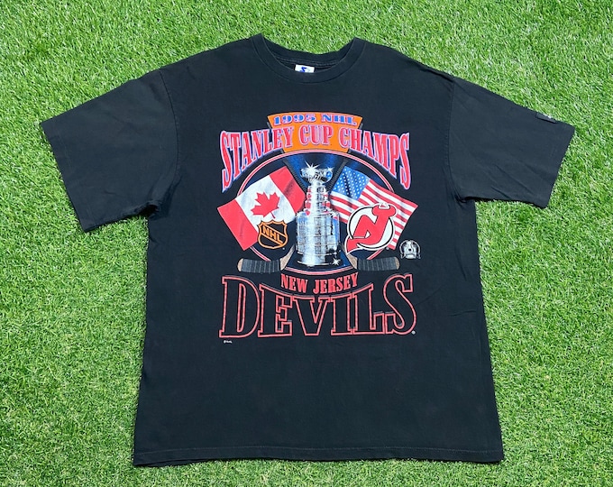 Vintage New Jersey Devils 1995 Stanley Cup Champions T Shirt Tee Starter Made USA Size Large L NHL Hockey NJ New York Ny 1990s 90s
