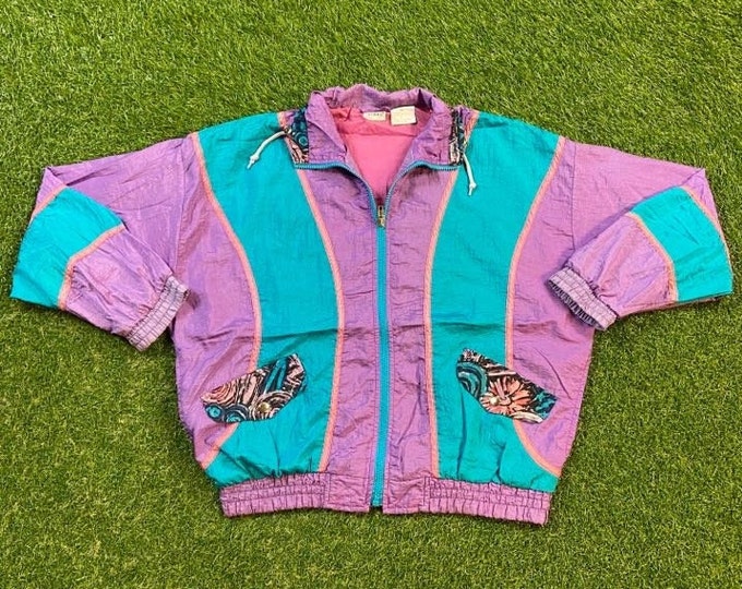 Vintage Graphic Windbreaker Zip Up Jacket Athletic Works Size Small S Multicolor Streetwear Sport Active Wear Classic Light Rain Coat 1990s
