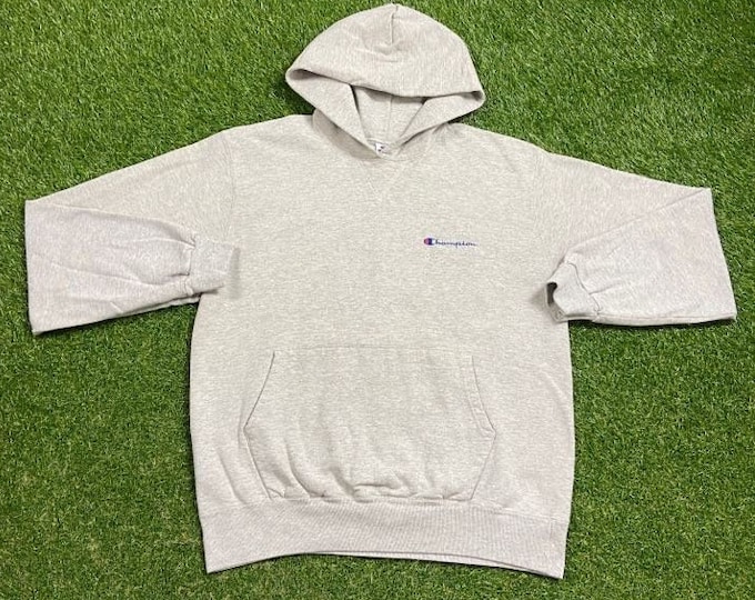 Vintage Plain Gray Champion Hoodie Sweatshirt Size Large L Quality 1990s Oversized Comfy Great Fit Original 90s Pull Over