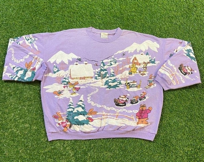 Vintage Cartoon Winter Crewneck Sweatshirt Second Wind Size Large L Classic Animation Winter Quality Warm Fashion Pull Over Oversized