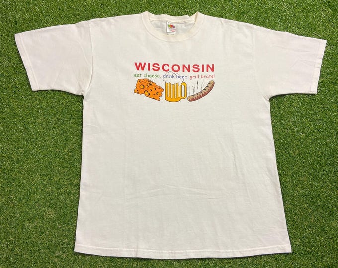Vintage Wisconsin T Shirt Tee Made USA Size Xtra Large XL Green Bay Milwaukee Eat Cheese Drink Beer Grill Brats Midwest State 1990s 90s
