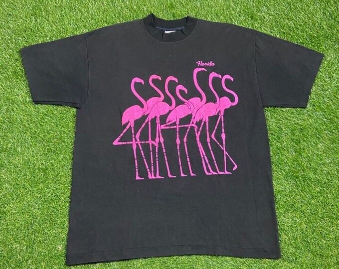 Vintage Florida T Shirt Tee Bravo! Made USA Size Xtra Large XL Tropical Sunshine State FL Beach Tourist Travel Flamingos 1990s 90s