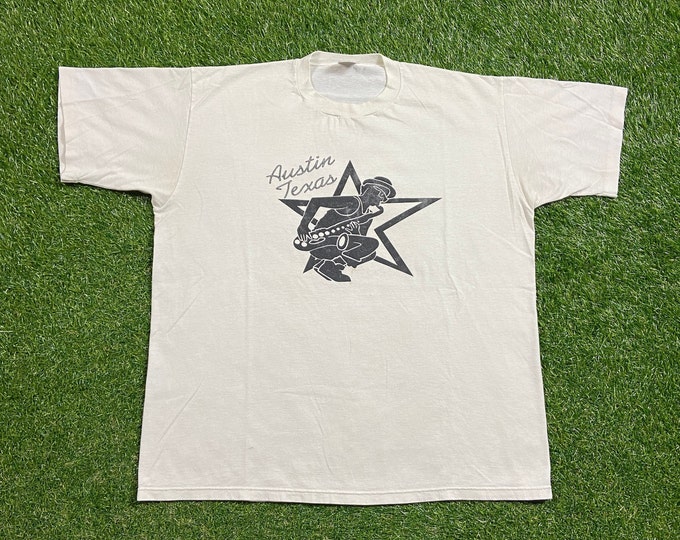 Vintage Austin Texas T Shirt Tee Jerzees Made USA Size Xtra Large XL SXSW Classic Music Festival Houston Dallas San Antonio 1990s 90s