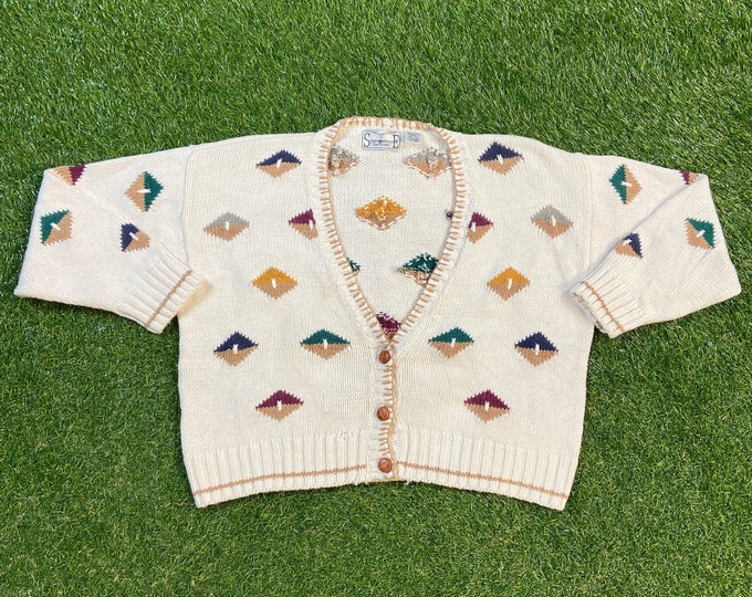 Vintage Beige Multicolor Cardigan Knit Sweater Stratosphere Size Medium M 1980s 80s Button Down Comfy Warm