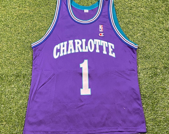 Vintage Charlotte Hornets Tyrone Muggsy Bogues #1 Jersey Champion Size Large L NBA Basketball North Carolina NC 1990s 90s