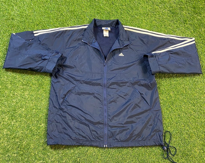 Vintage Adidas Windbreaker Jacket Zip Up Size Large L 1990s 90s Cozy Comfy Rare Blue White Tre Foil Coat All Over Light Rain Coat