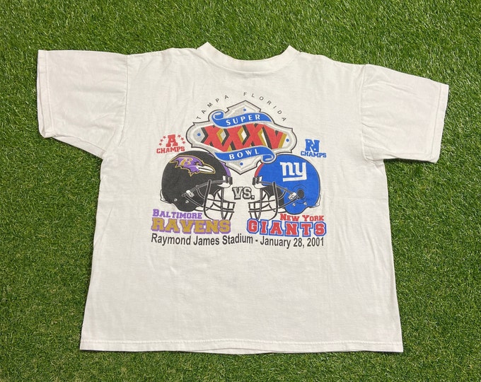 Vintage New York Giants Vs Baltimore Ravens Super Bowl XXXV T Shirt Tee Size Xtra Large XL Tiki Barber Ray Lewis NFL Football Big Blue Ny