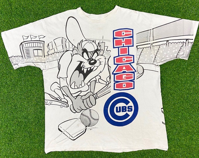Vintage Chicago Cubs Looney Tunes Taz T Shirt Tee Xtra Xtra Large XXL 90s MLB 1990s VTG Blue Red All Over Mega Print 2XL Space Jam Oversized