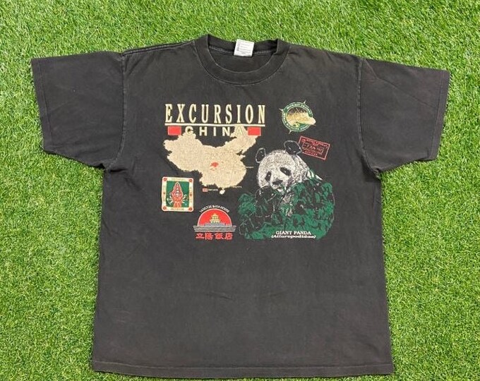 Vintage Excursion China T Shirt Tee Oneita Made USA Size Xtra Large XL Hong Kong Giant Panda Animals Jungle Safari Tourist 1990s 90s