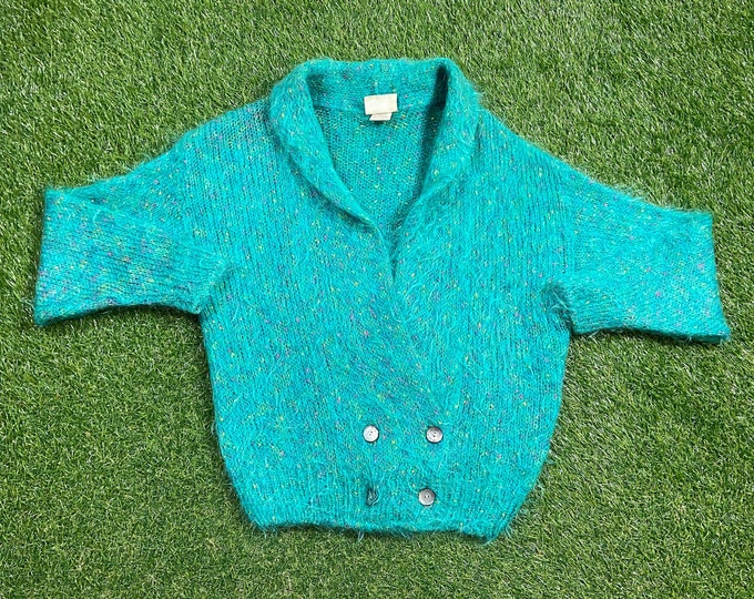 Vintage Green Knitted Cardigan Sweater England Size Medium M Quality Warm Winter Fashion Pull Over 1980s 80s Cardigan Colorful