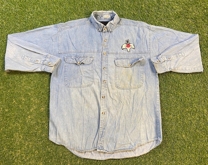 Vintage Sylvester the Cat Button Down Shirt Size Xtra Large XL Looney Tunes Classic Cartoon Warner Bros Space Jam 1990s 90s