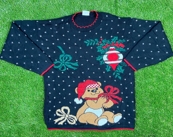 Ugly Teddy Bear Christmas Sweater Vintage Tacky Holiday Party Merry Santa Classic Large Xmas 90s 80s Knit