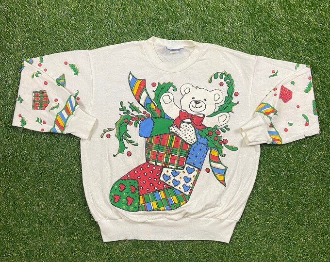 Ugly Snowmen Christmas Sweater Vintage Tacky Holiday Party Merry Santa Teddy Bear Made USA Size Small S Classic Xmas 90s 80s Pull Over Cozy