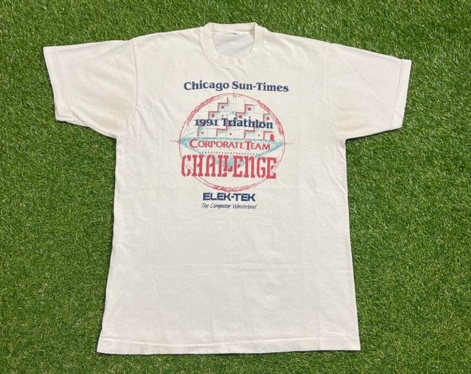 Vintage Chicago Sun Times T Shirt Tee Size Small S 1991 Triathlon Corporate Team Challenge Elek Tek Marathon Running Illinois 1990s 90s