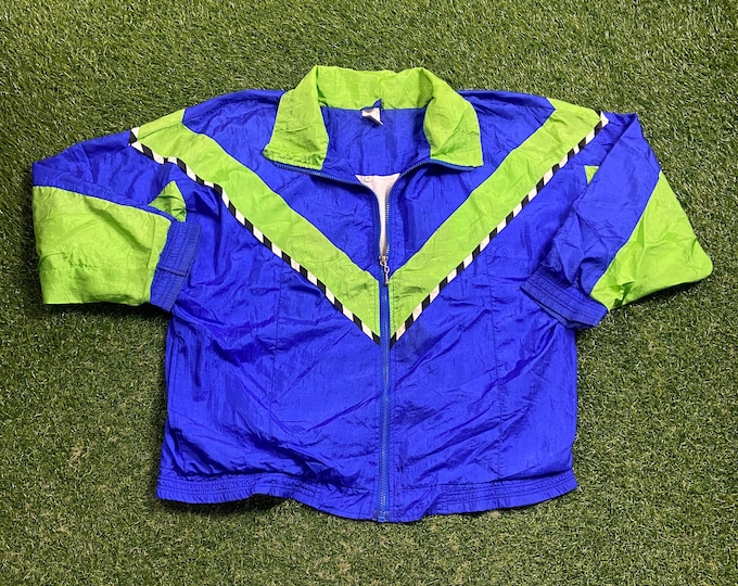 Vintage Graphic Windbreaker Zip Up Jacket The Body Co Size Small S Multicolor Streetwear Sport Active Wear Classic Light Rain Coat 1990s 90s