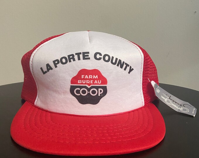 Vintage Farm Bureau Co-Op Snapback Hat YR Headwear OSFA La Porte County Indiana Farming Irrigation Agricultural Gardening 1980s 80s SAMPLE