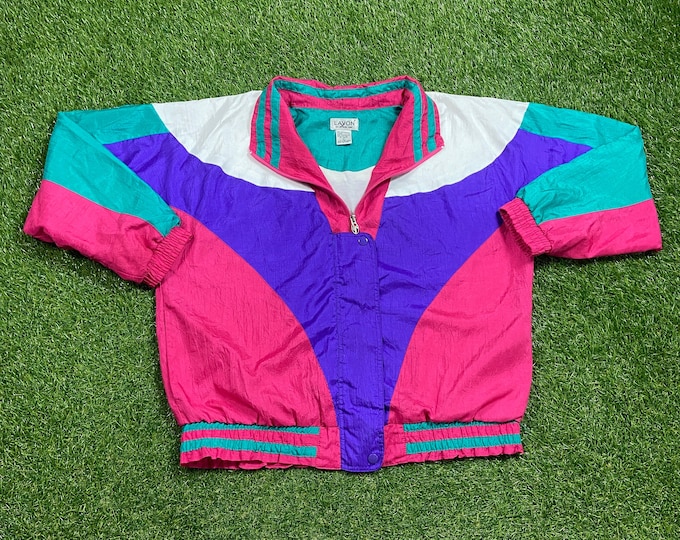 Vintage Graphic Windbreaker Zip Up Jacket Lavon Size Large L Multicolor Streetwear Sport Active Wear Classic Light Rain Coat 1990s