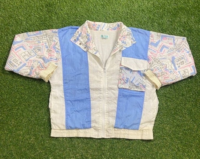 Vintage Graphic Windbreaker Zip Up Jacket Pacific Beach Size Medium M Multicolor Streetwear Sport Active Wear Classic Light Rain Coat 1990s