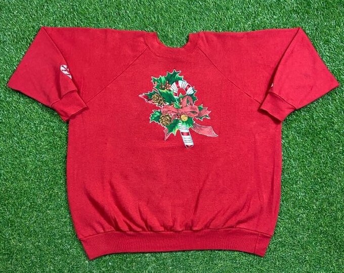 Ugly Christmas Sweater Sweatshirt Candy Cane Vintage Tacky Holiday Party Merry Santa Claus Classic 90s Xmas Tree Size XL Pull Over
