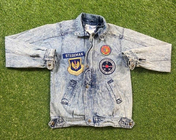 Vintage Air Force Denim Button Up Jean Jacket Size Xtra Large XL 1990's 90's Rare Quality Fit Blue Acid Wash Air Force Army