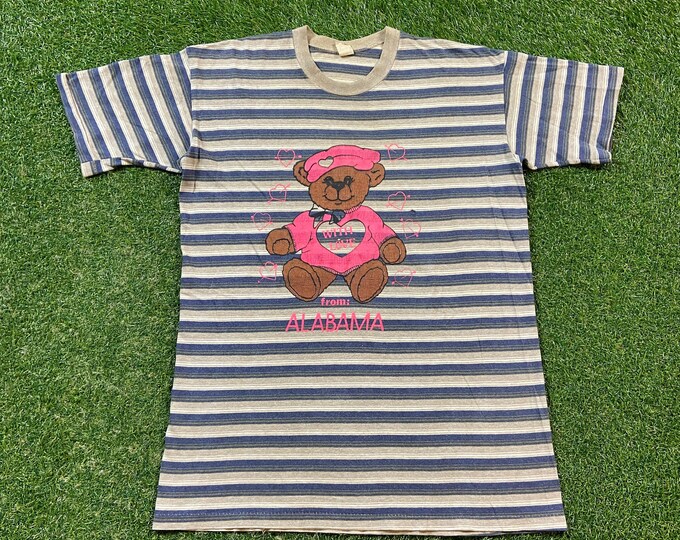 Vintage With Love From Alabama Striped T Shirt Discount Tees Made USA Size Large L Crimson Tide Auburn Tigers Teddy Bear 1980s 80s