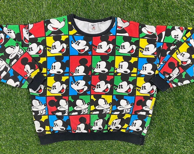 Vintage Disney Mickey Mouse Crewneck Sweater Mickey & CO Size Large 1990s Walt Disney World 90s Magic Kingdom All Over Print Rare