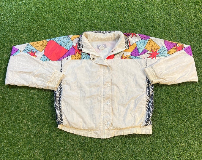 Vintage Graphic Windbreaker Zip Up Jacket Court Casuals Size Large L Multicolor Streetwear Sport Active Wear Classic Light Rain Coat 1990s
