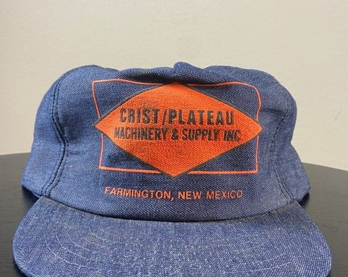 Vintage Crist Plateau Snapback Hat Made USA OSFA Machinery and Supply Inc Manufacturer Farmington New Mexico 1980s 80s Denim