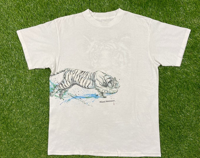 Vintage Miami MetroZoo T Shirt Tee Size Large L White Tiger Florida