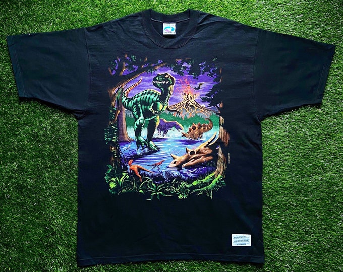 Vintage Liquid Blue Dinosaur All Over Print Original New With Tags Made USA 1990s 90s 1997 Jurassic Park T Rex Dino Universal Tie Dye XL XXL