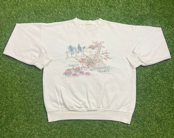Vintage Garden Crewneck Sweatshirt Size Small S Floral Natural Sunflower Seeds Flowers Bees Caterpillars Butterflies Nature Plants 1990s 90s
