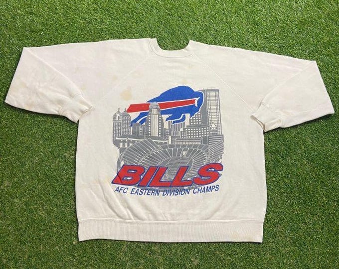 Vintage Buffalo Bills Crewneck Sweatshirt Tultex Made USA Size Large L NFL Football New York 1990s 90s Pull Over Mafia Oversized Distressed