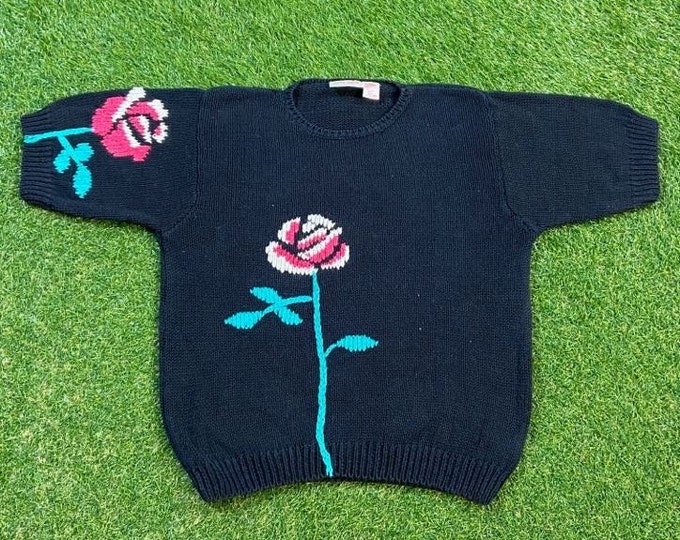 Vintage Flowers Knit Crewneck Sweater Cos Cob Size Large L Gardening Love Bees Caterpillars Butterflies Nature Plants 1990s 90s