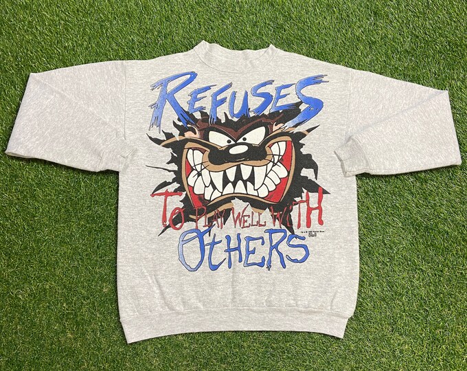 Vintage Looney Tunes Taz Crewneck Sweatshirt Made USA Size Medium M Cartoon Tazmanian Devil Warner Bros Bugs Bunny Space Jam 1990s 90s