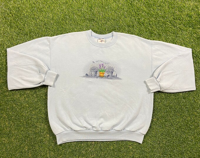 Vintage There's Magic in the Dirt Crewneck Sweatshirt Size Large Bees Caterpillars Butterflies Flowers Nature Plants Garden Earth Pull Over