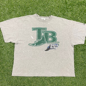 May include: Gray t-shirt with a green and blue Tampa Bay Buccaneers logo. The logo features a stylized "TB" with a green stingray underneath. The text "Tampa Bay" is written in white below the logo.