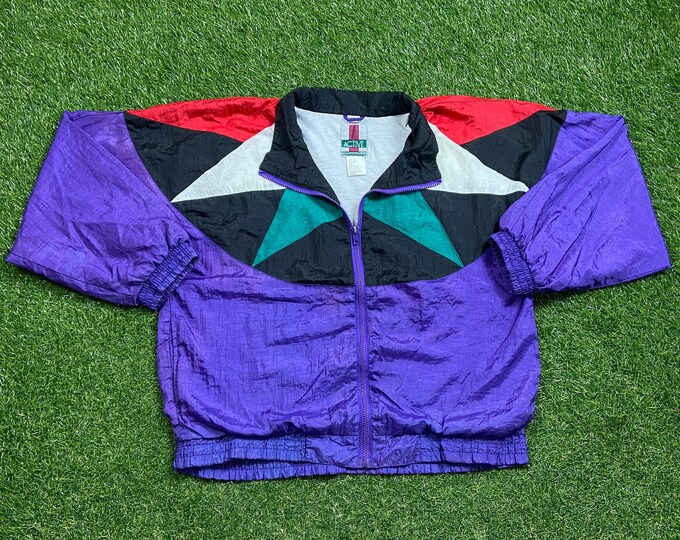 Vintage Graphic Windbreaker Zip Up Jacket Active Exposure Size Large L Multicolor Streetwear Sport Active Wear Classic Light Rain Coat 1990s