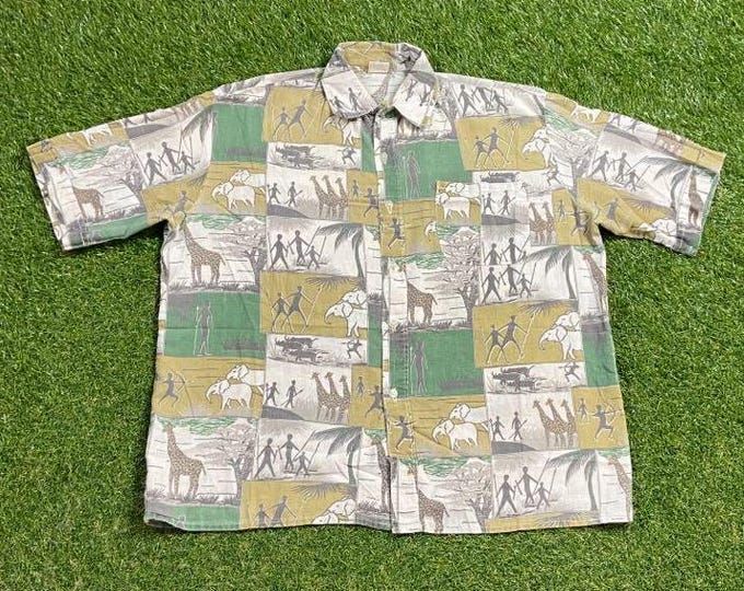 Vintage Prehistoric Button Down Shirt Size Large L Primitive Cool Pattern Artsy Wacky Fun Art Original Classic Party Festival Pop 1990s 90s