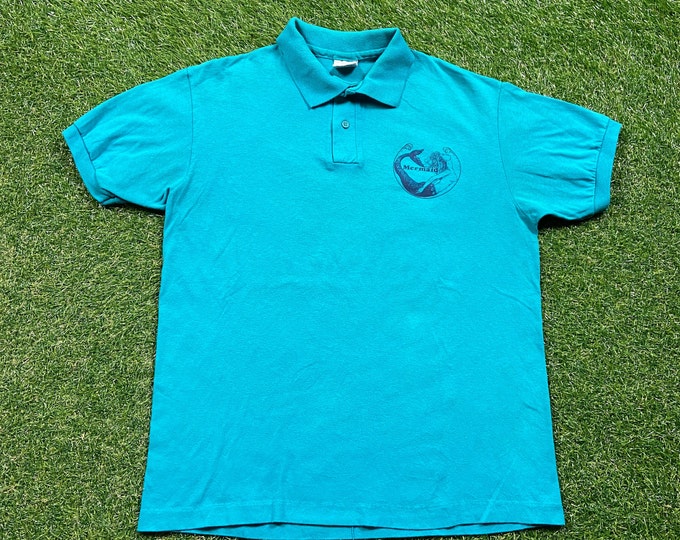 Vintage Mermaid Polo Shirt Anvil Made USA Size Large L Little Mermaid Sea Life Planet Ocean Animals Habitat Print 1990s 90s