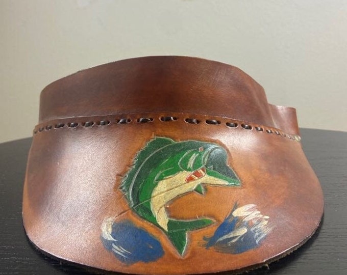 Vintage Fishing Genuine Leather Visor Hat OSFA Fishing Hunting Nature Bass Pro Shop 1970s 70s Unique